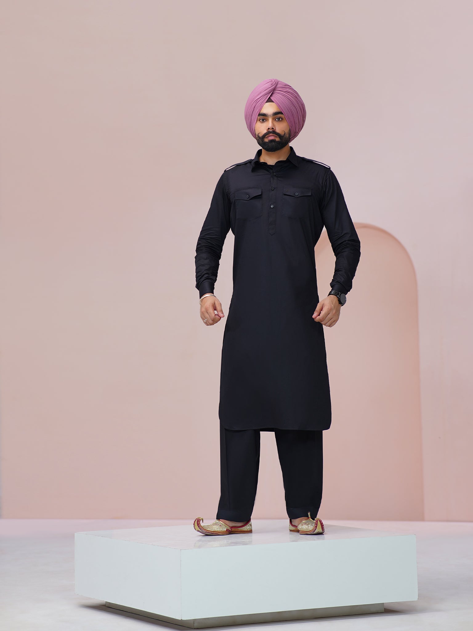 Cotton Kurta Black Kurta Pajama Matching Turban Sikh Black Kurta