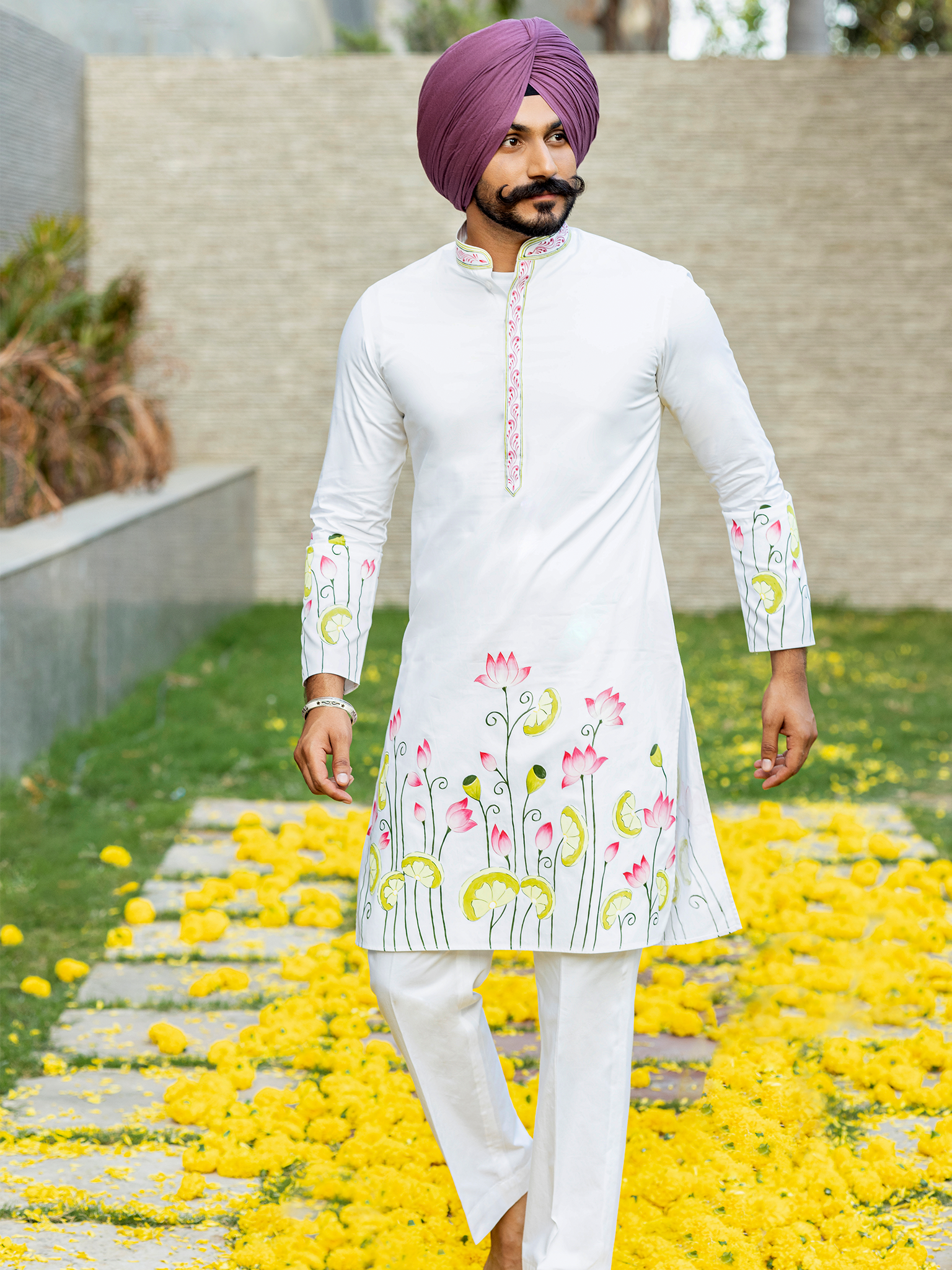 Pathani White Kurta Pajama Matching Turban Hand-Painted Kurta