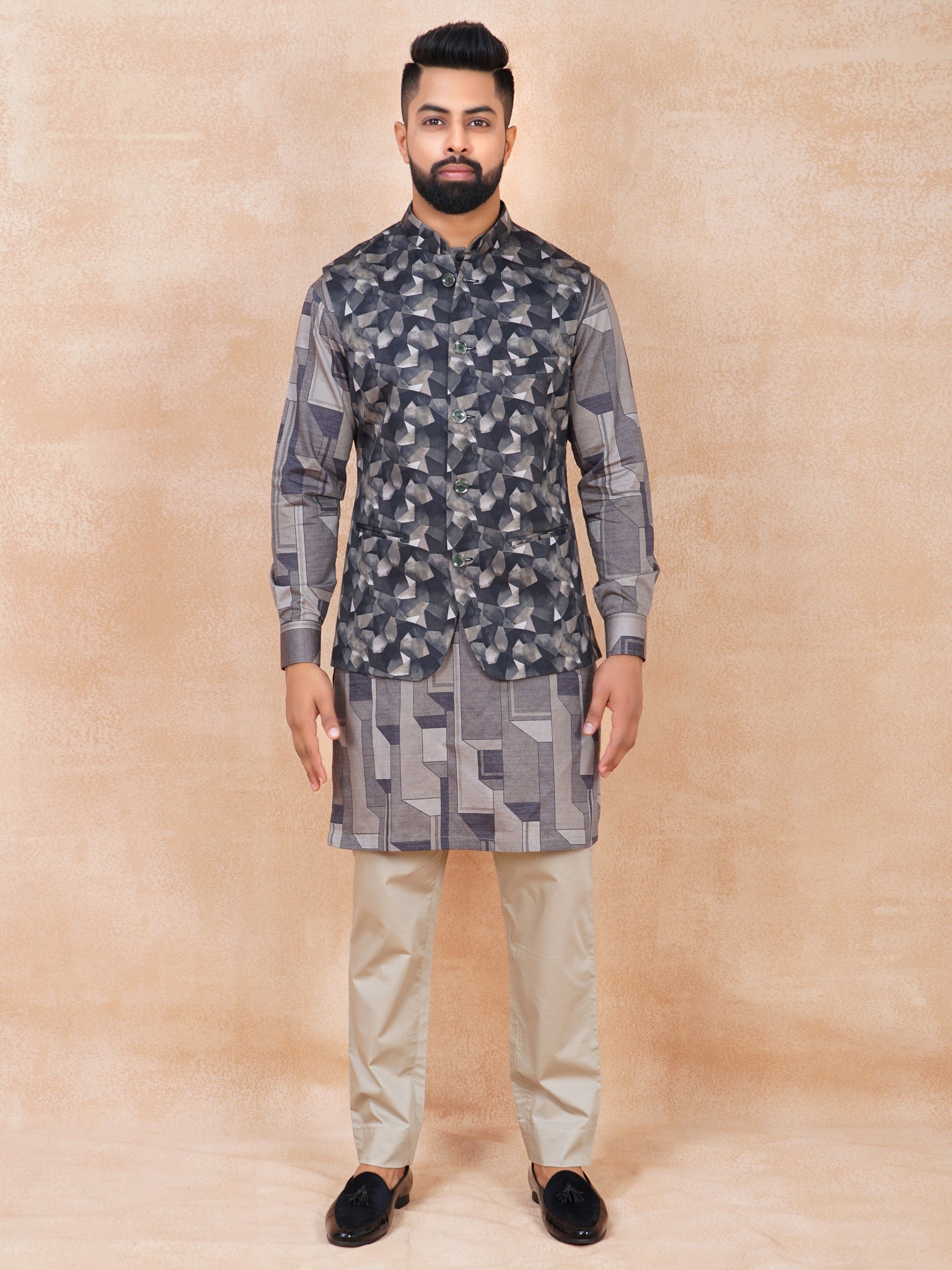 Silk Blend Digital Floral Printed Jodhpuri With Cream Viscose Kurta Pajama  | Exotic India Art